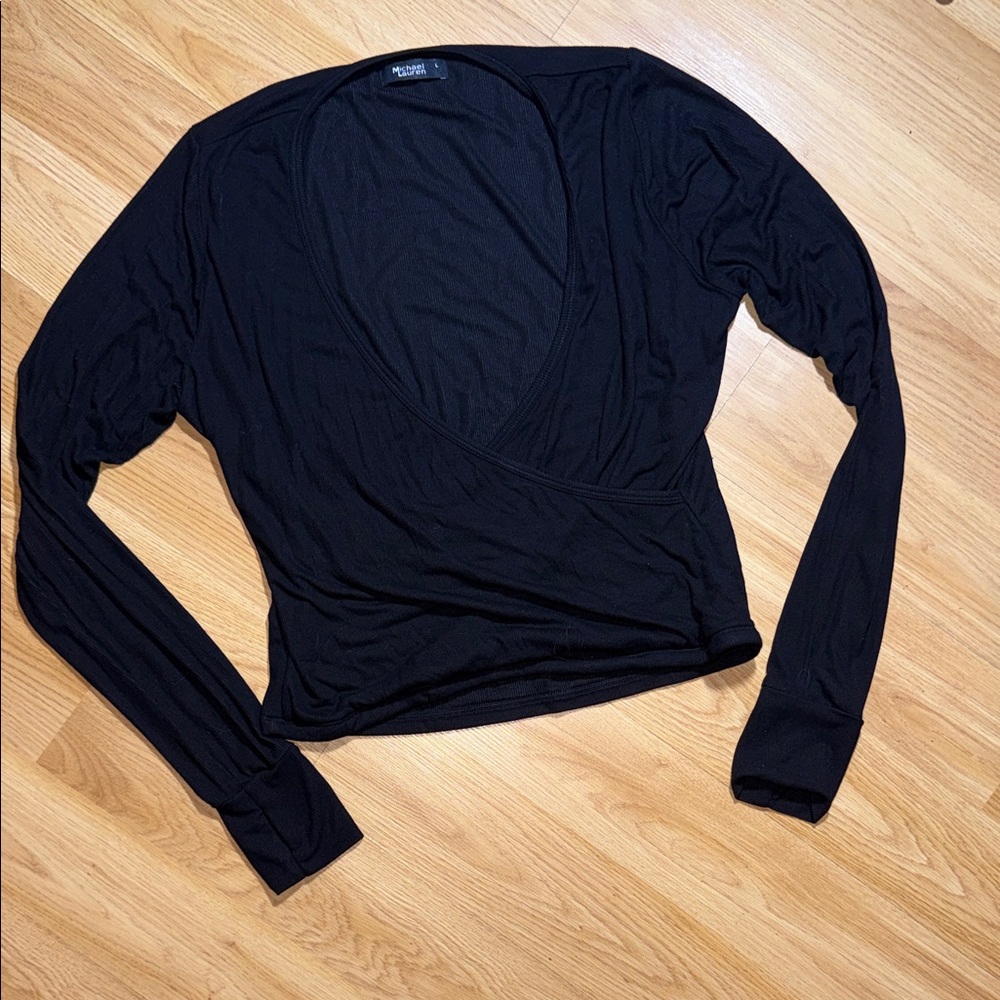 Michael Lauren Black Long Sleeve Wrap Splice Top Size Large Viscose Made in USA